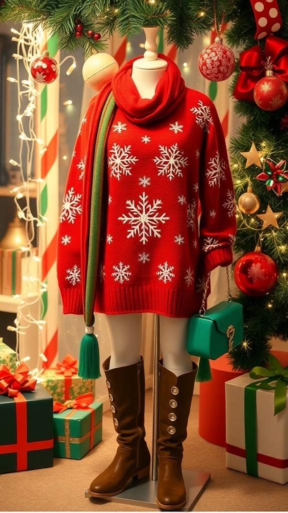 A stylish Christmas outfit with a red sweater, green accessories, and festive decorations.